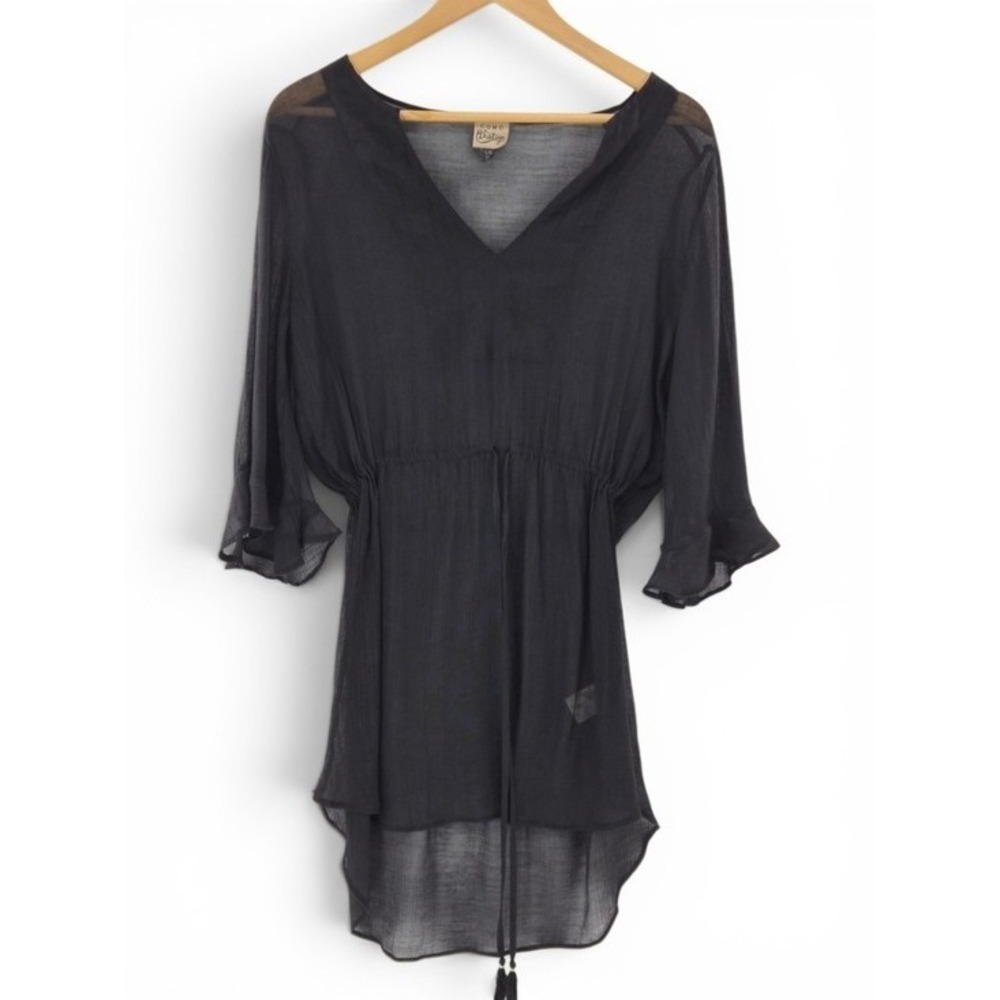 Black Sheer Beach Cover Up Tunic L Tassel Tie V Neck Resort Swim Poolside Cruise